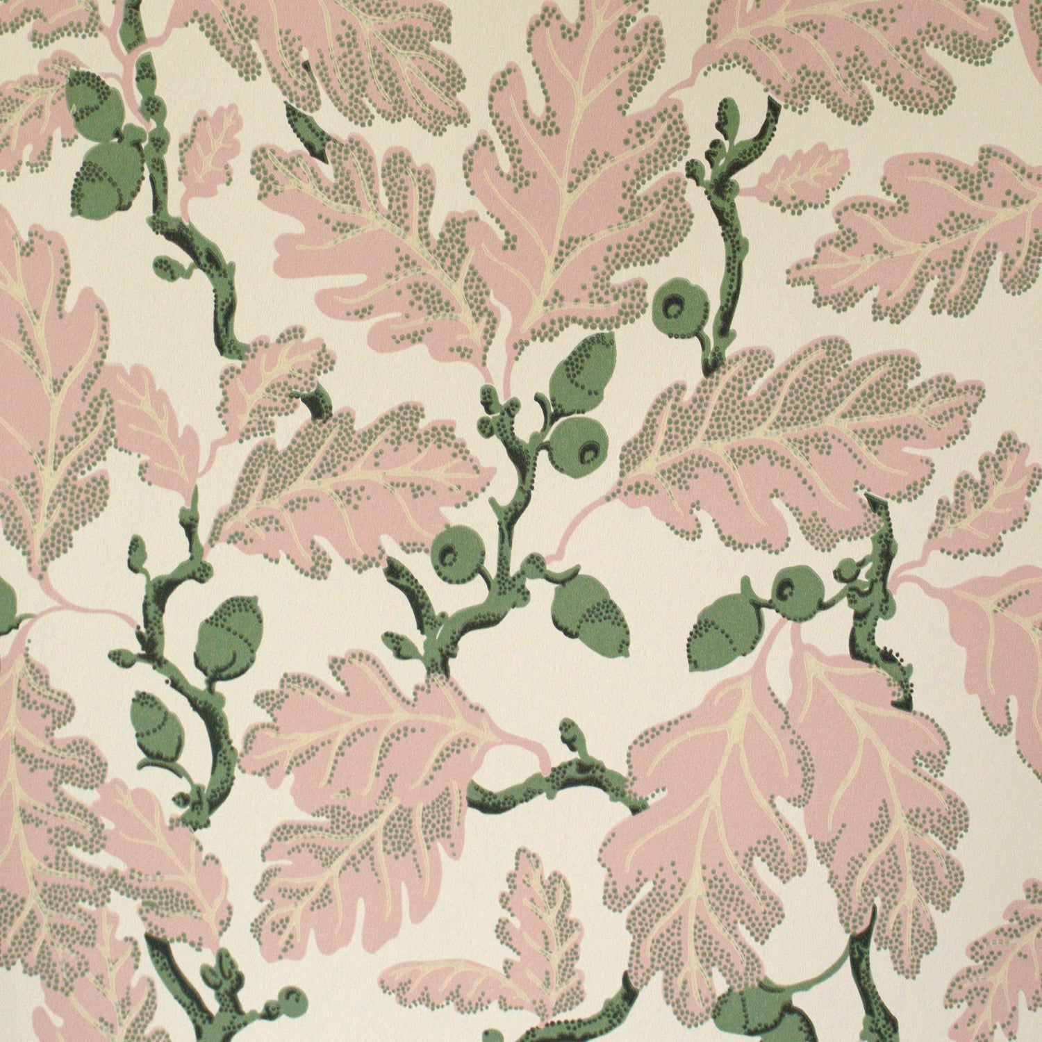 Pattern of pink leaves and green branches on a beige background