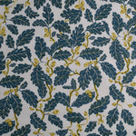 Pattern of blue leaves with yellow acorns and stems on a white background