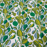 Patterned fabric with green and blue leaf design on a white background