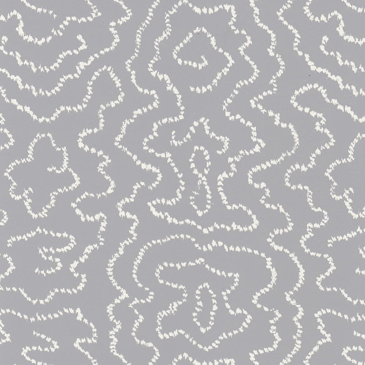 Detail of wallpaper in a minimalist wood grain print in white on a gray field.