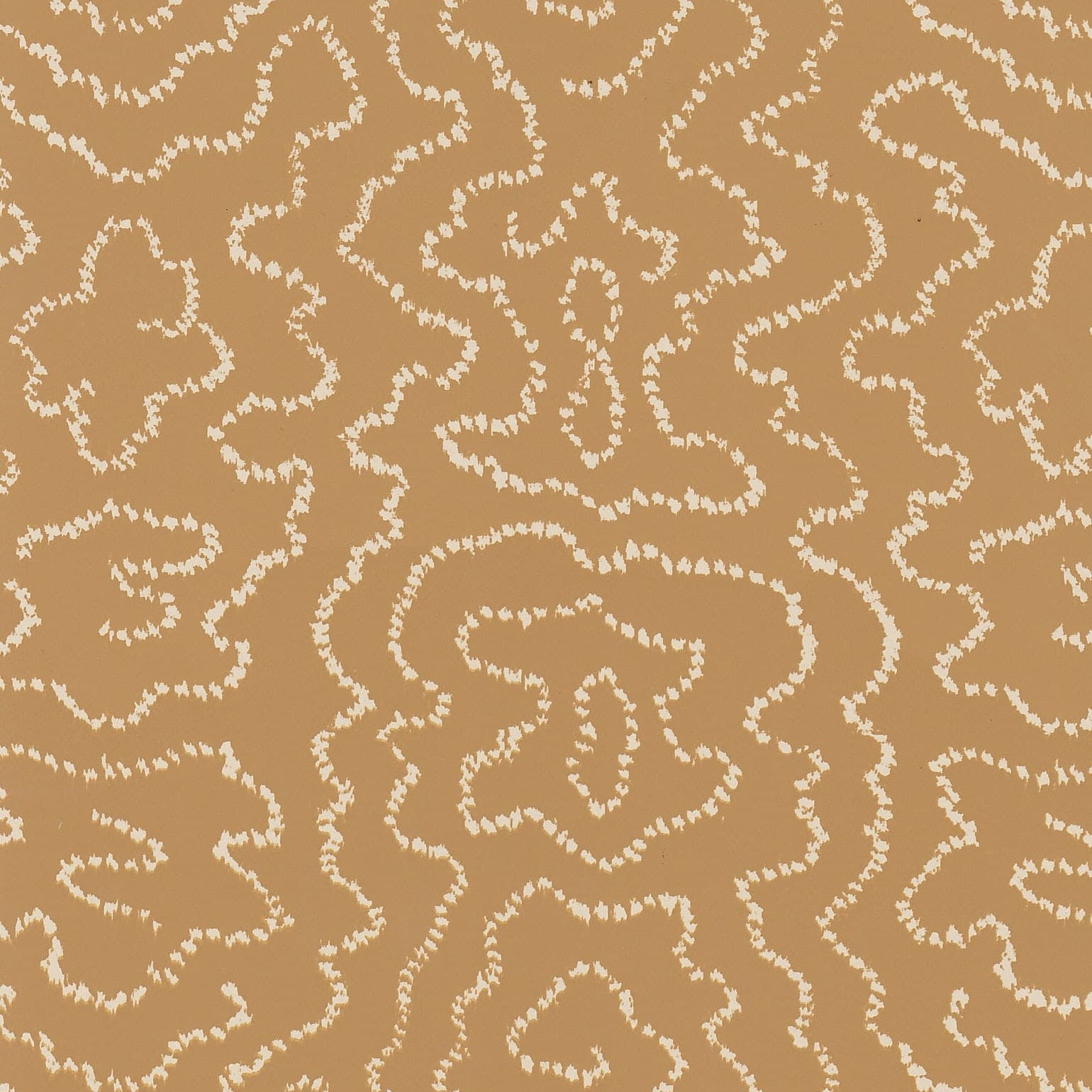 Detail of wallpaper in a minimalist wood grain print in cream on a tan field.