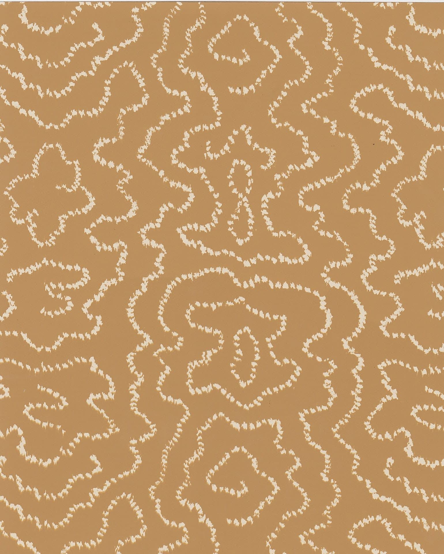 Detail of wallpaper in a minimalist wood grain print in cream on a tan field.