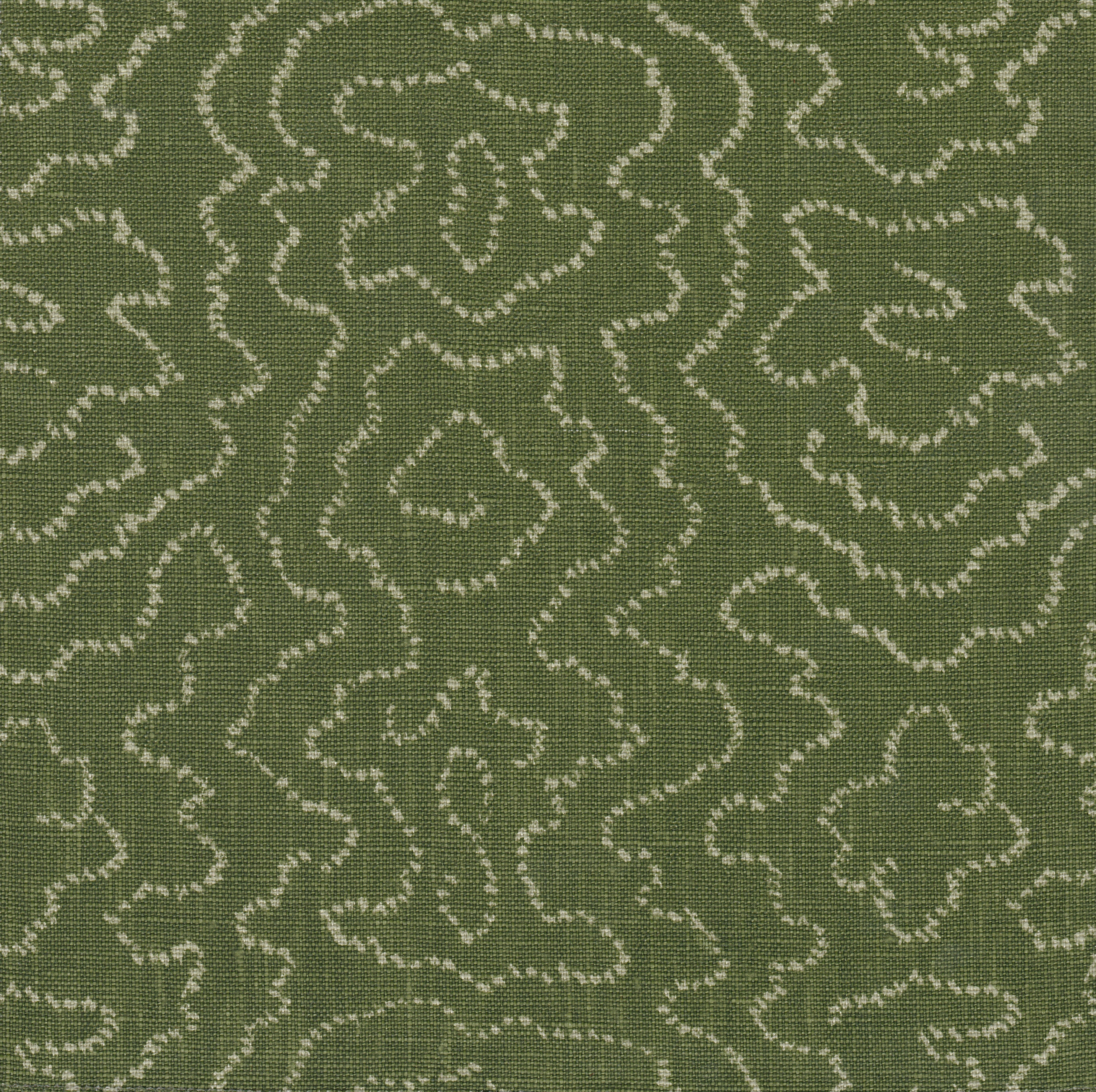 Detail of fabric in a minimalist wood grain print in greige on a green field.