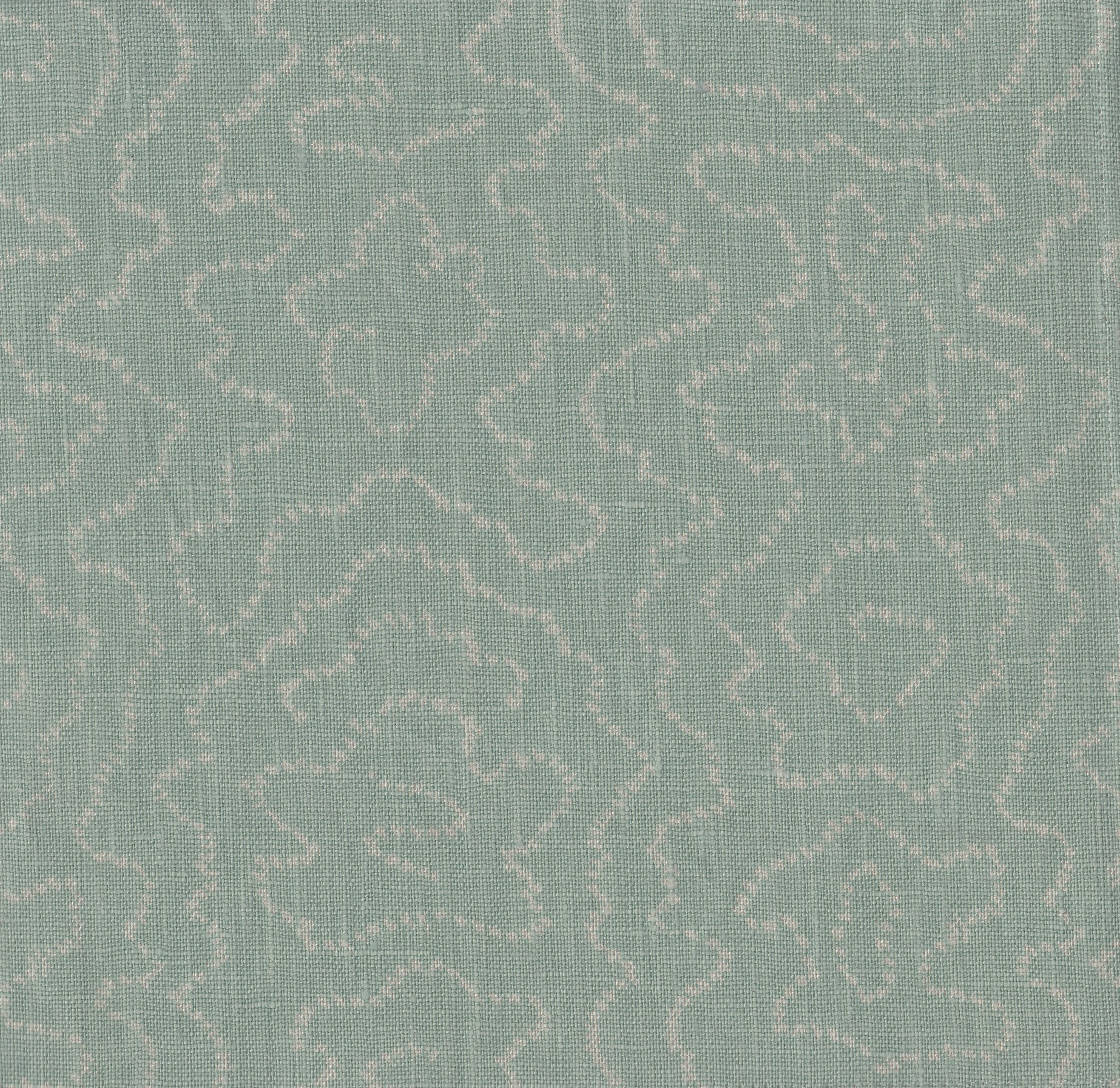 Detail of fabric in a minimalist wood grain print in gray on a pastel turquoise field.