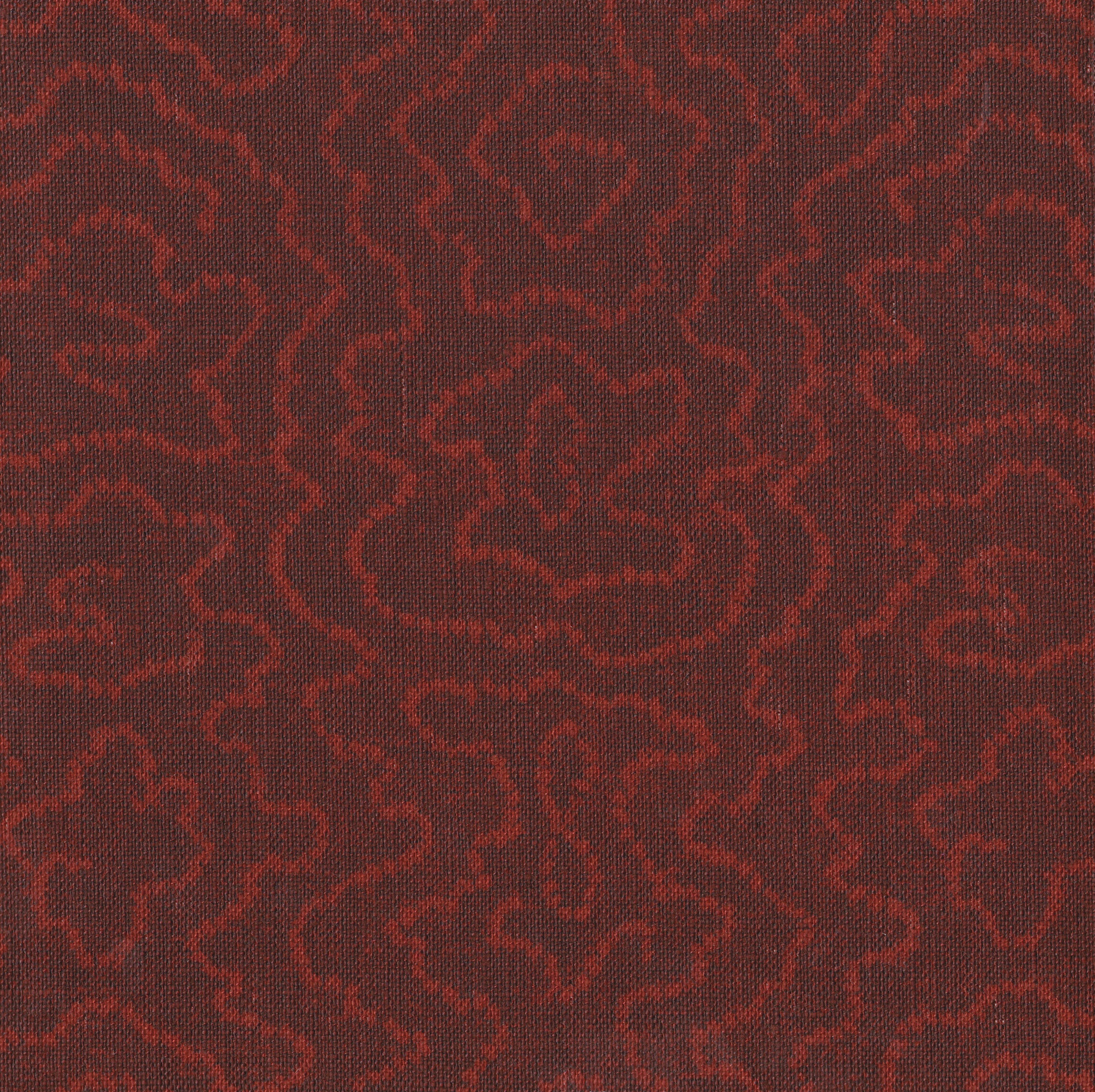 Detail of fabric in a minimalist wood grain print in red on a plum field.