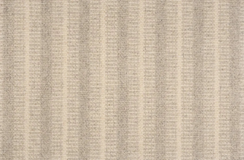 Broadloom carpet swatch in a striped pattern in a grey cream design