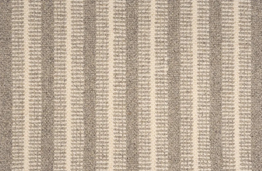 Broadloom carpet swatch in a striped pattern in a light grey design