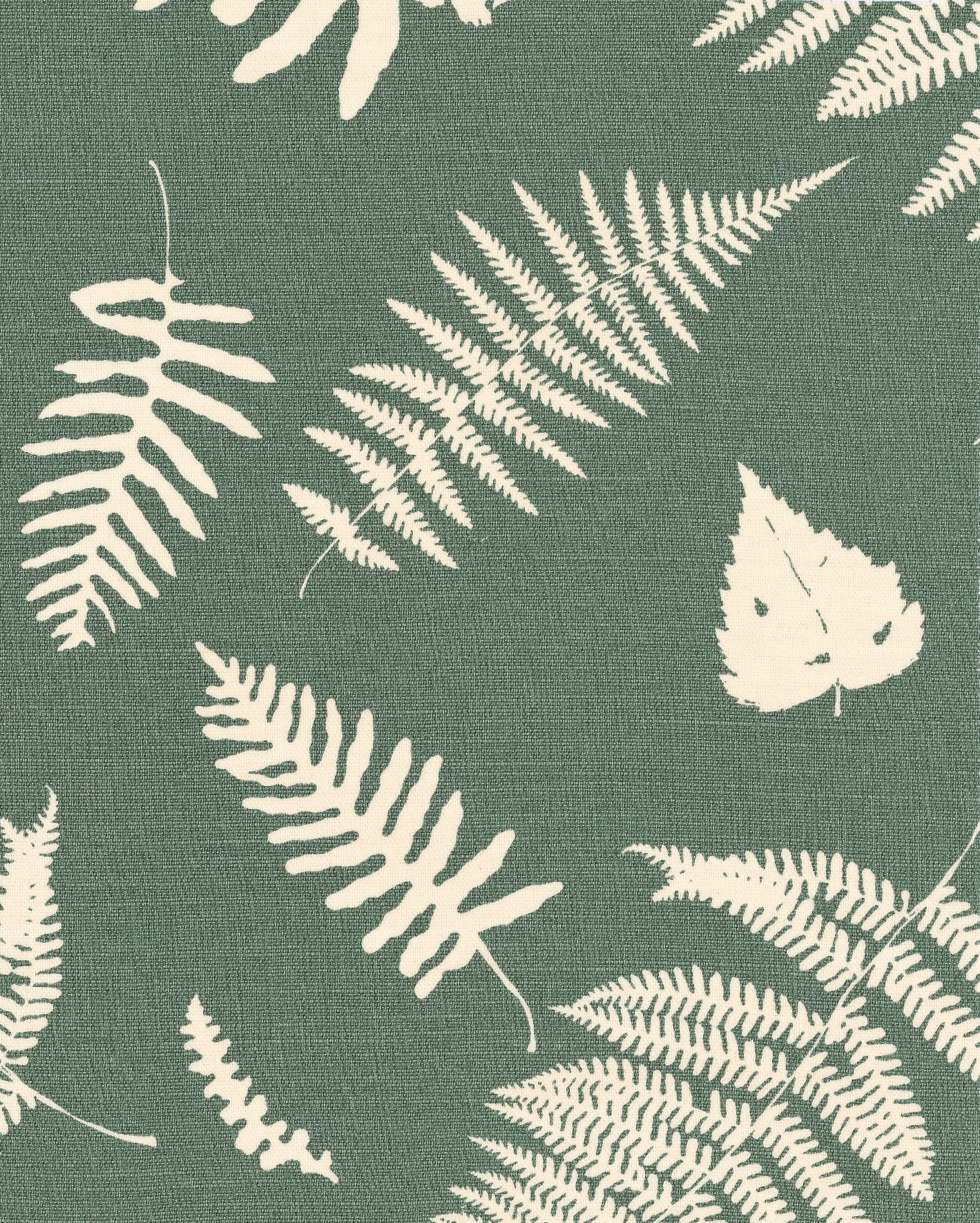 Detail of fabric in a repeating fern and dragonfly print in cream on a dark green field.