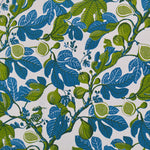 Pattern of blue and green leaves and fruits on a white background