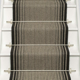 Striped flatweave runner in black and white on white staircase