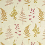 Detail of fabric in a repeating leaf print in pink and mustard on a cream field.