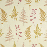 Detail of fabric in a repeating leaf print in pink and mustard on a cream field.