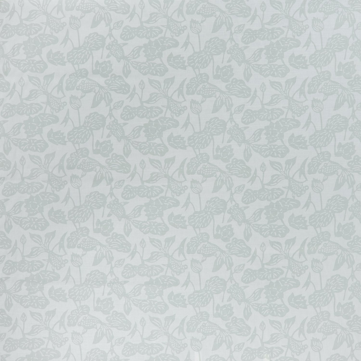 printed cotton fabric in a repeating fish and leaf pattern in light green on a gray field.