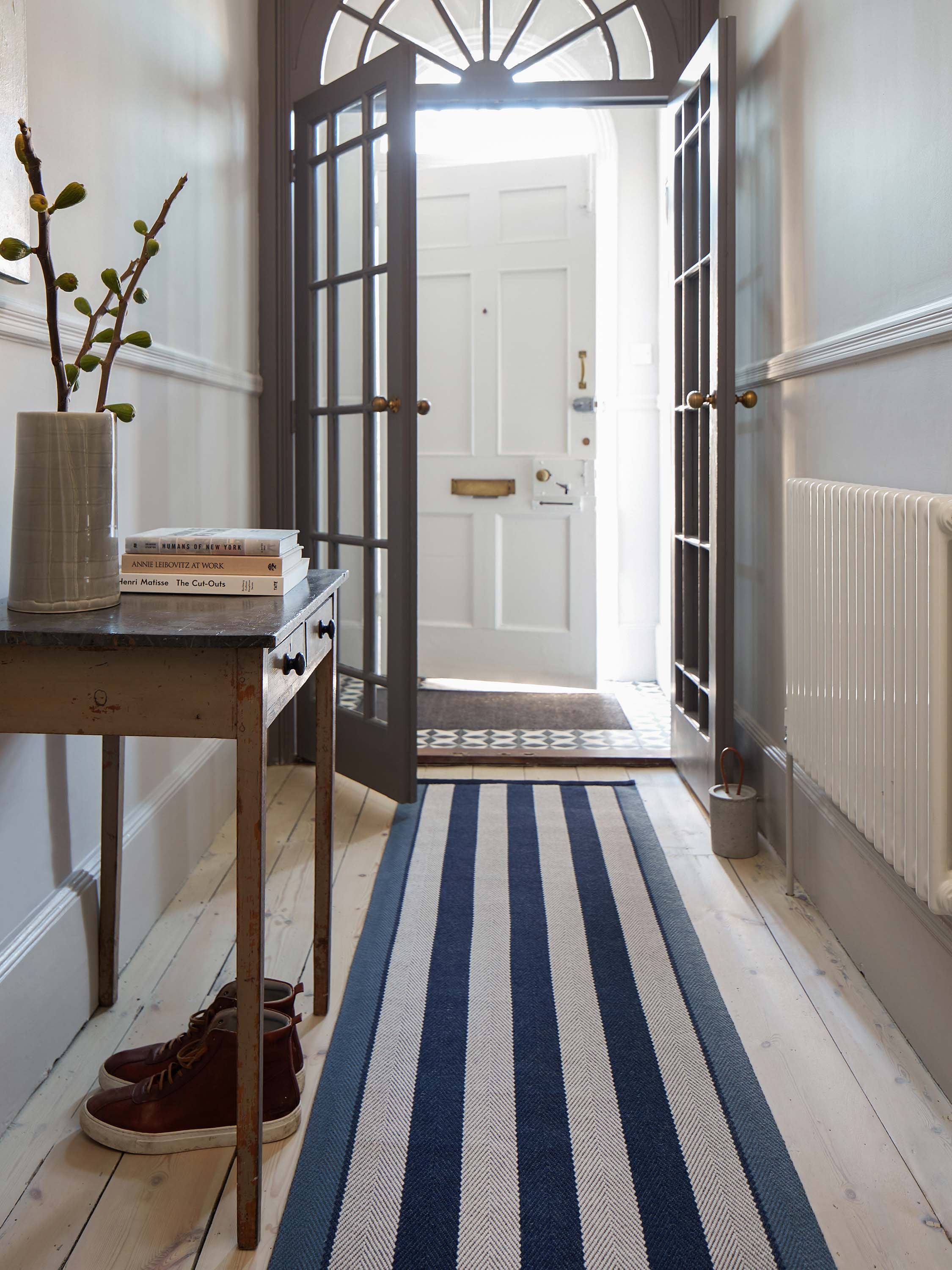 Striped flatweave runner in dark blue and grey 