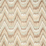 Detail of fabric in a dense chevron stripe print in shades of brown, green and cream.