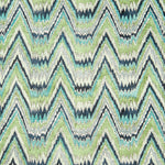 Detail of fabric in a dense chevron stripe print in shades of navy, green and blue.