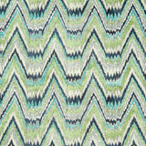 Detail of fabric in a dense chevron stripe print in shades of navy, green and blue.