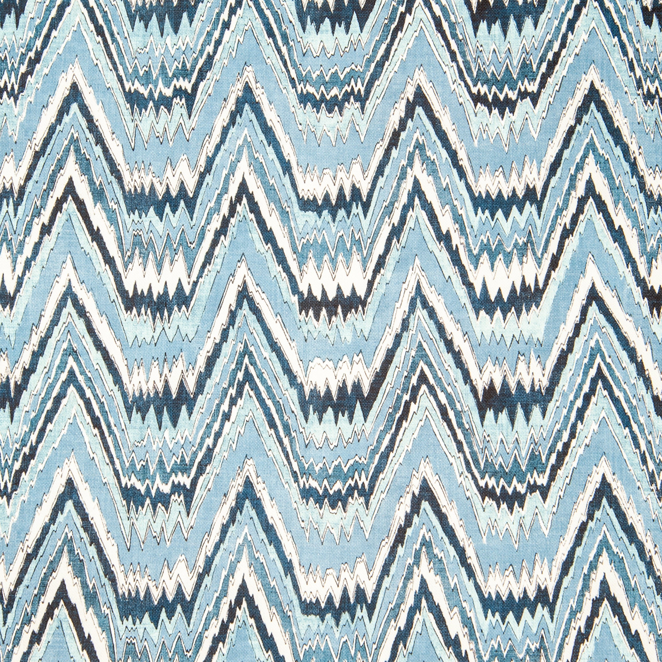 Detail of fabric in a dense chevron stripe print in shades of navy, blue and cream.