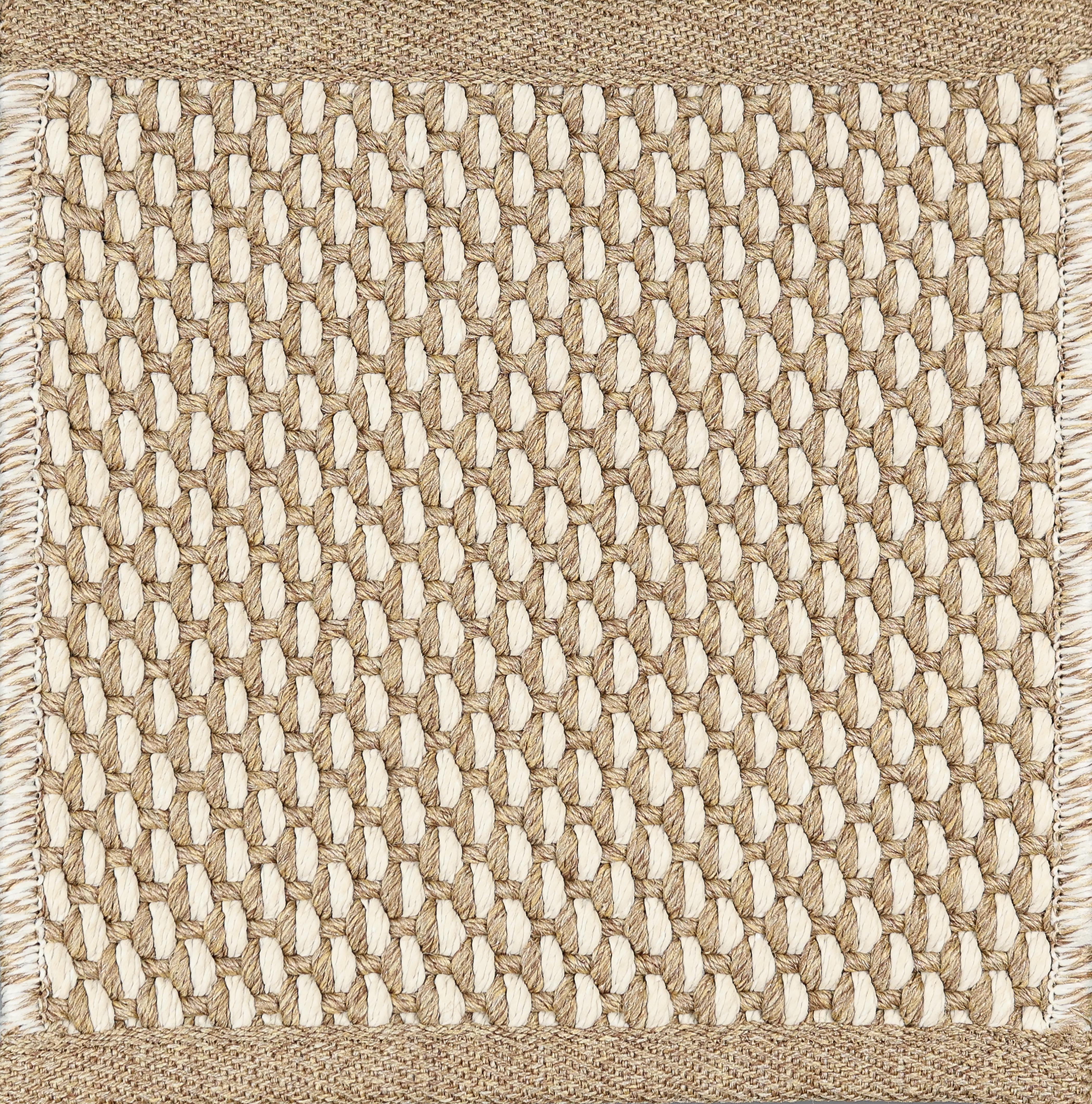 Close-up of woven carpet with a grid pattern tan and white.