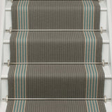 Striped flatweave runner in grey and blue on white staircase