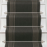 Striped flatweave runner in dark grey and white and black on white staircase