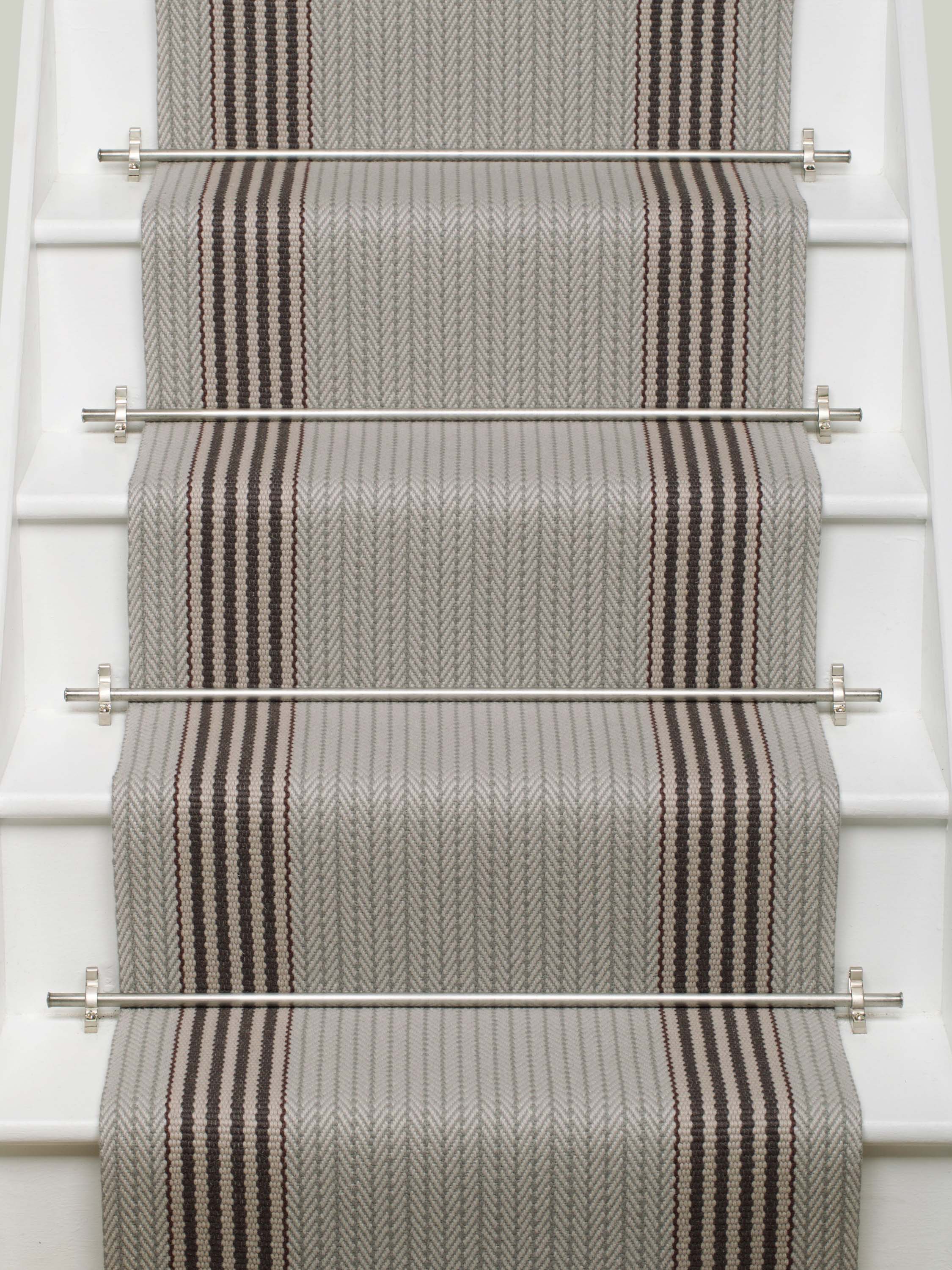 Striped flatweave runner in light grey and black on white staircase