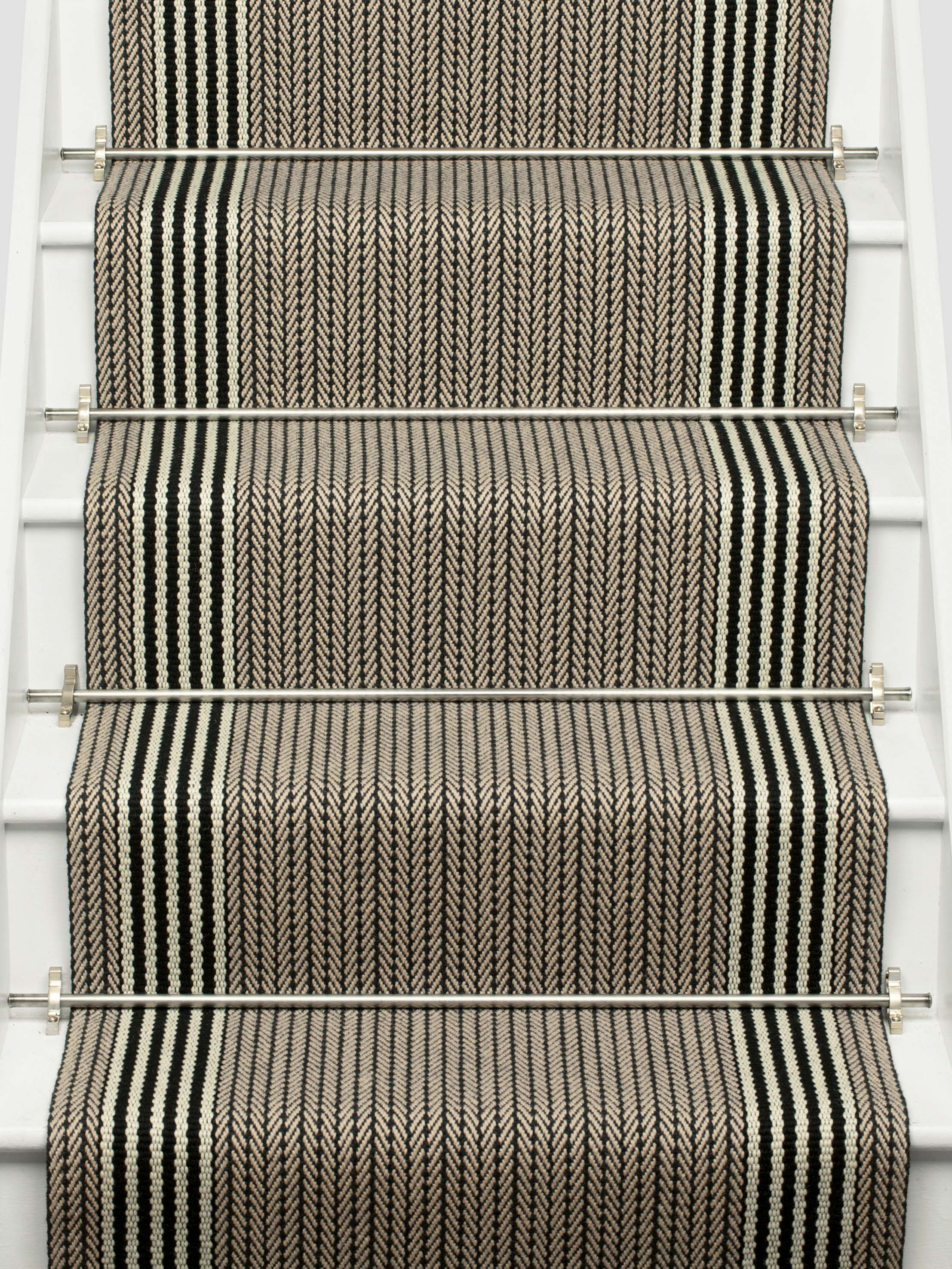 Striped flatweave runner in ivory and black on white staircase