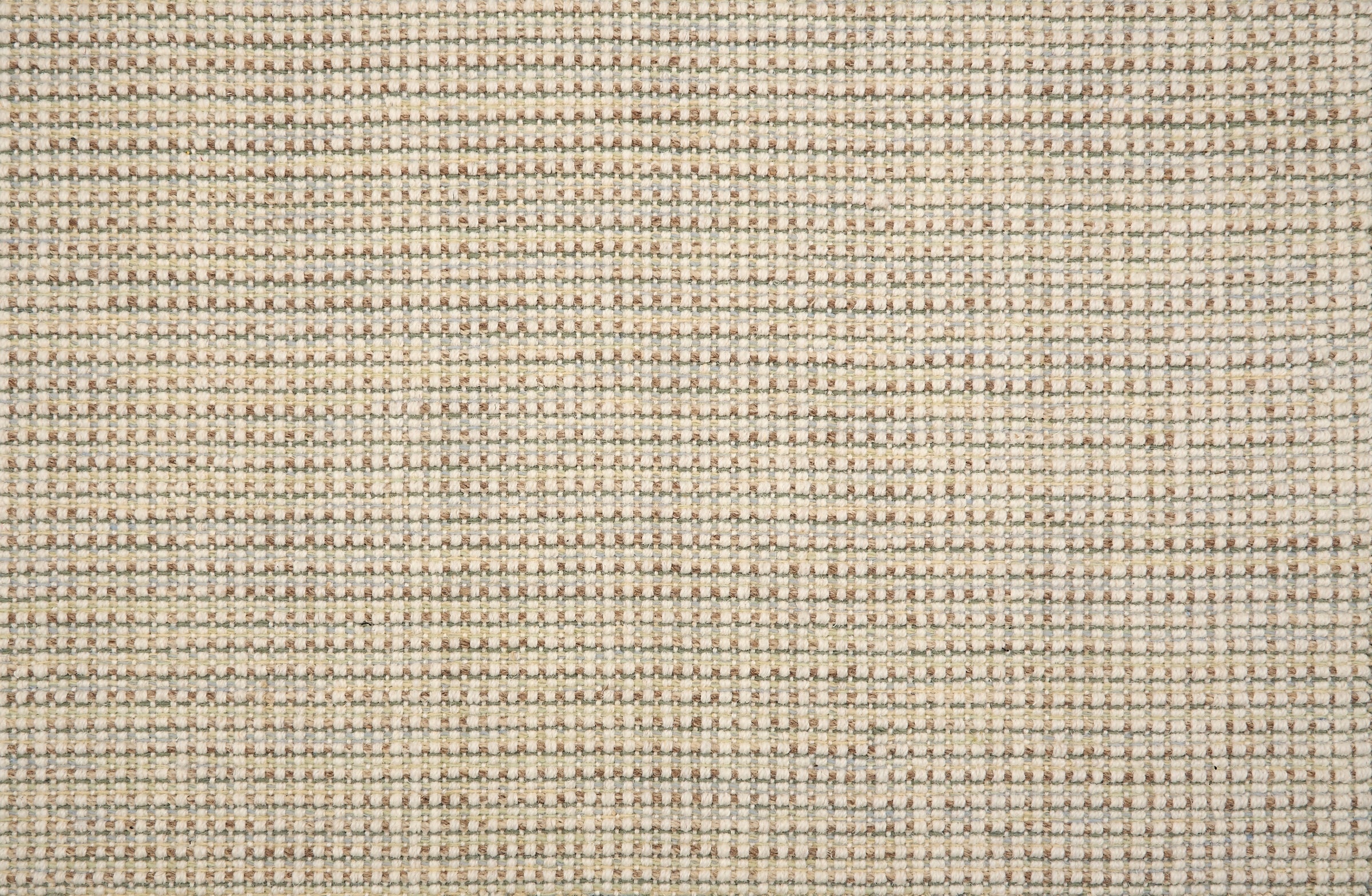 Broadloom carpet in a textural basketweave in beige, brown and green.