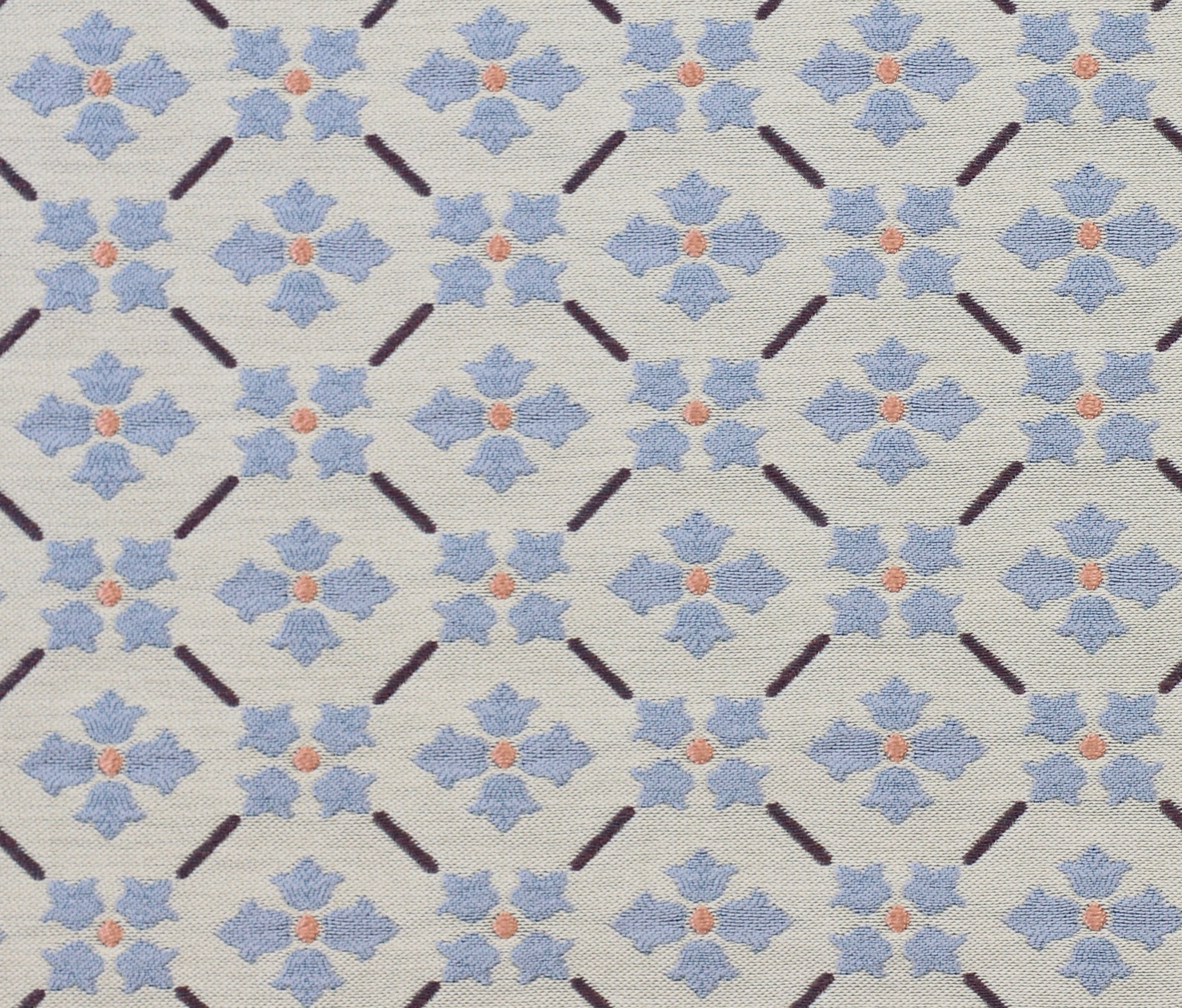 Detail of fabric in a repeating floral lattice print in blue, coral and black on a cream field.