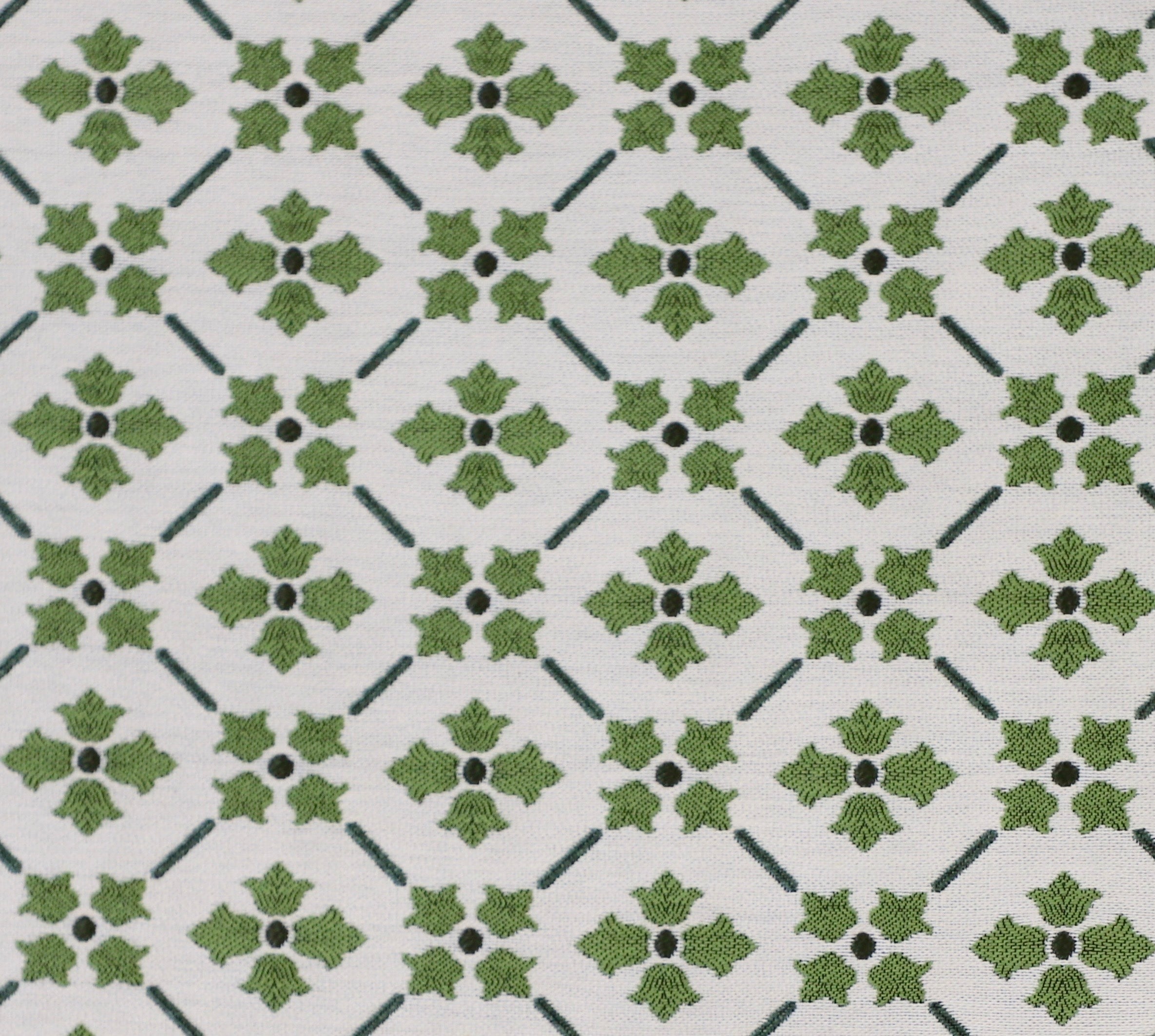 Detail of fabric in a repeating floral lattice print in shades of green on a white field.