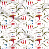 Decorative pattern with stylized red flowers and green leaves on a white background