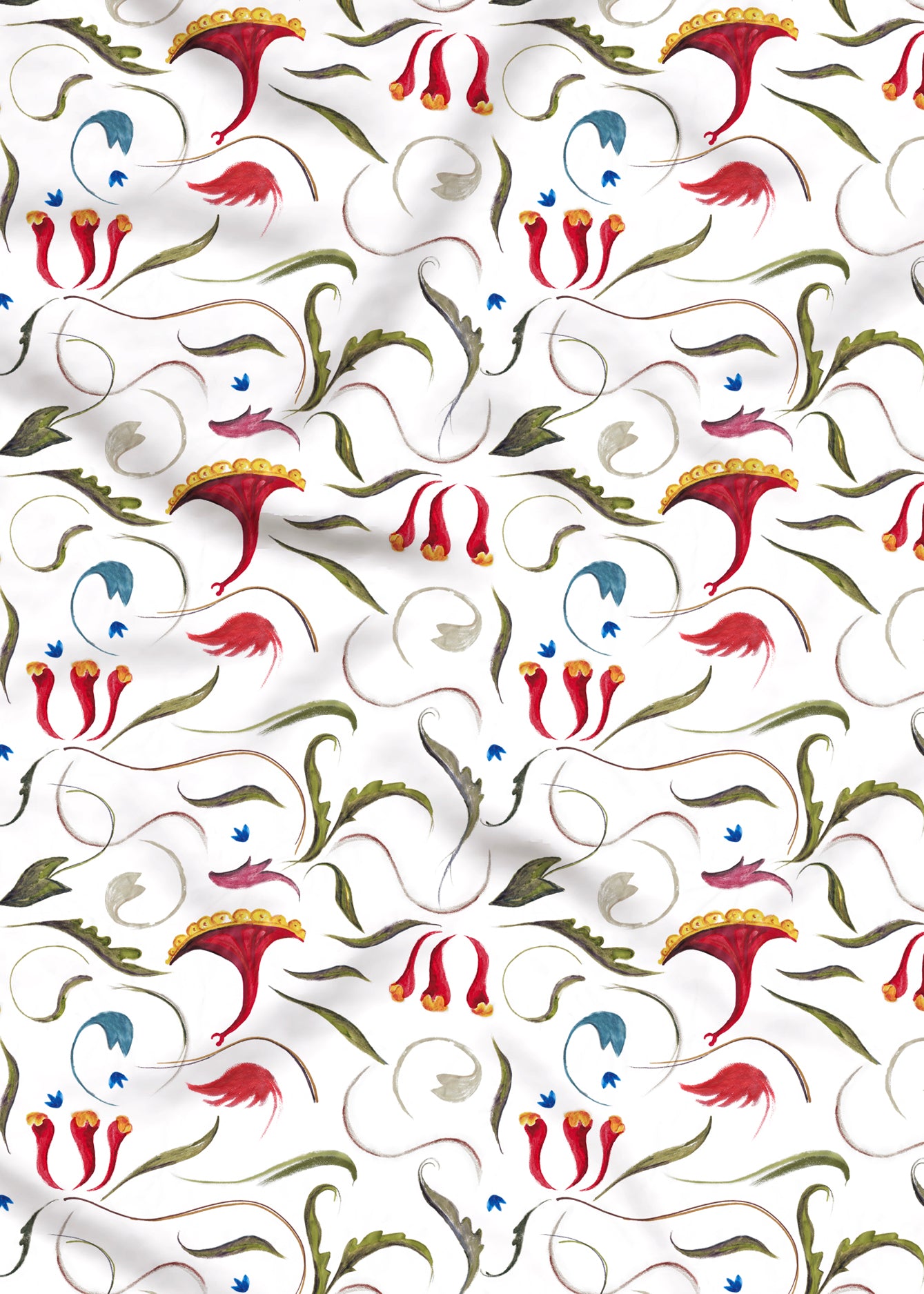 Decorative pattern with stylized red flowers and green leaves on a white background