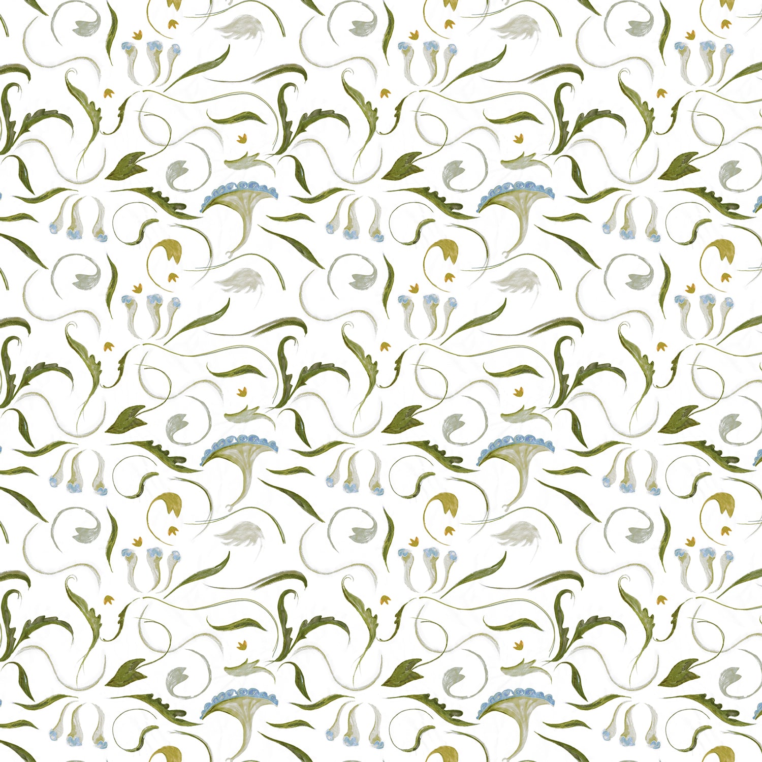 Floral pattern with green and white flowers on a white background