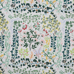 Detail of fabric in a dense floral print in shades of pink, yellow, green and black on a white field.