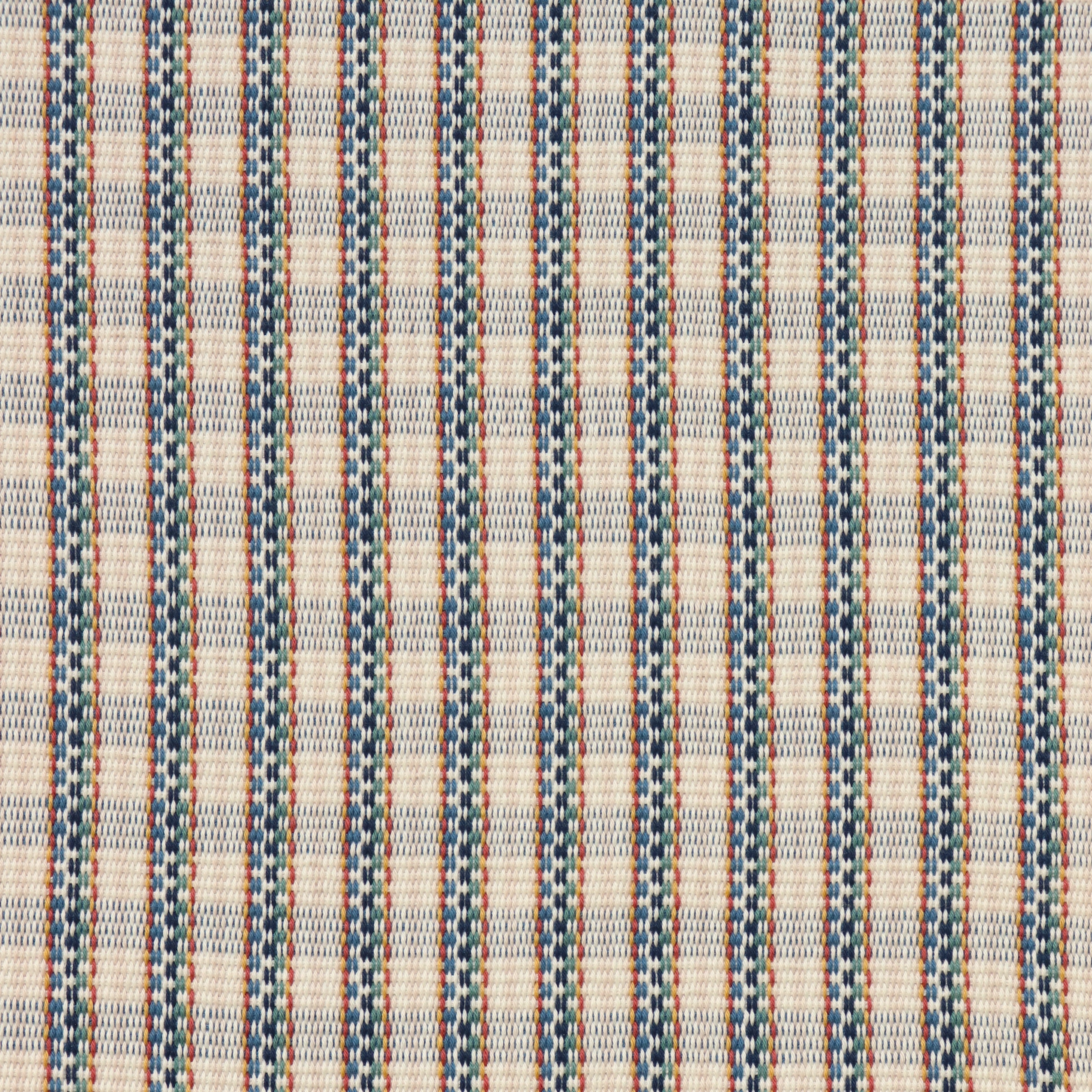 Handwoven fabric detail in a tight checkerboard pattern with blue, green yellow and red stripes against a cream field.