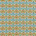 Patterned fabric with a gridded floral design in green, orange and blue. 