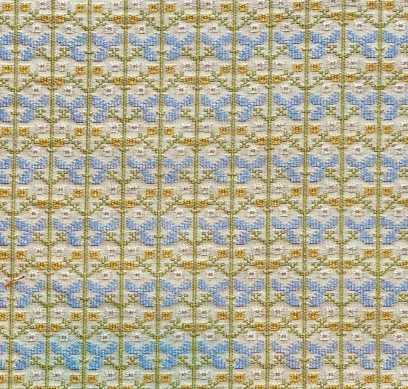 Patterned fabric with a gridded floral design in pastel green, blue and yellow. 
