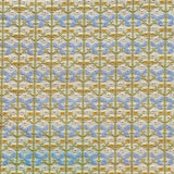 Patterned fabric with a gridded floral design in pastel green, blue and yellow. 
