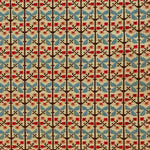 Patterned fabric with a gridded floral design in blue, orange and brown. 
