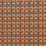 Patterned fabric with a gridded floral design in pastel orange, blue and brown. 
