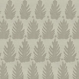 Detail of fabric in a linear leaf print in tan on a greige field.