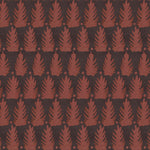 Detail of fabric in a linear leaf print in red on a black field.