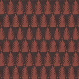 Detail of fabric in a linear leaf print in red on a black field.