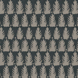 Detail of fabric in a linear leaf print in tan on a black field.