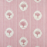 Detail of fabric in a repeating tree and stripe print in shades of pink on a cream field.