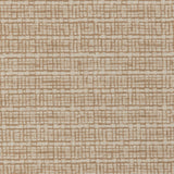 Detail of a linen fabric in a repeating abstract gridded pattern in tan on a cream field.