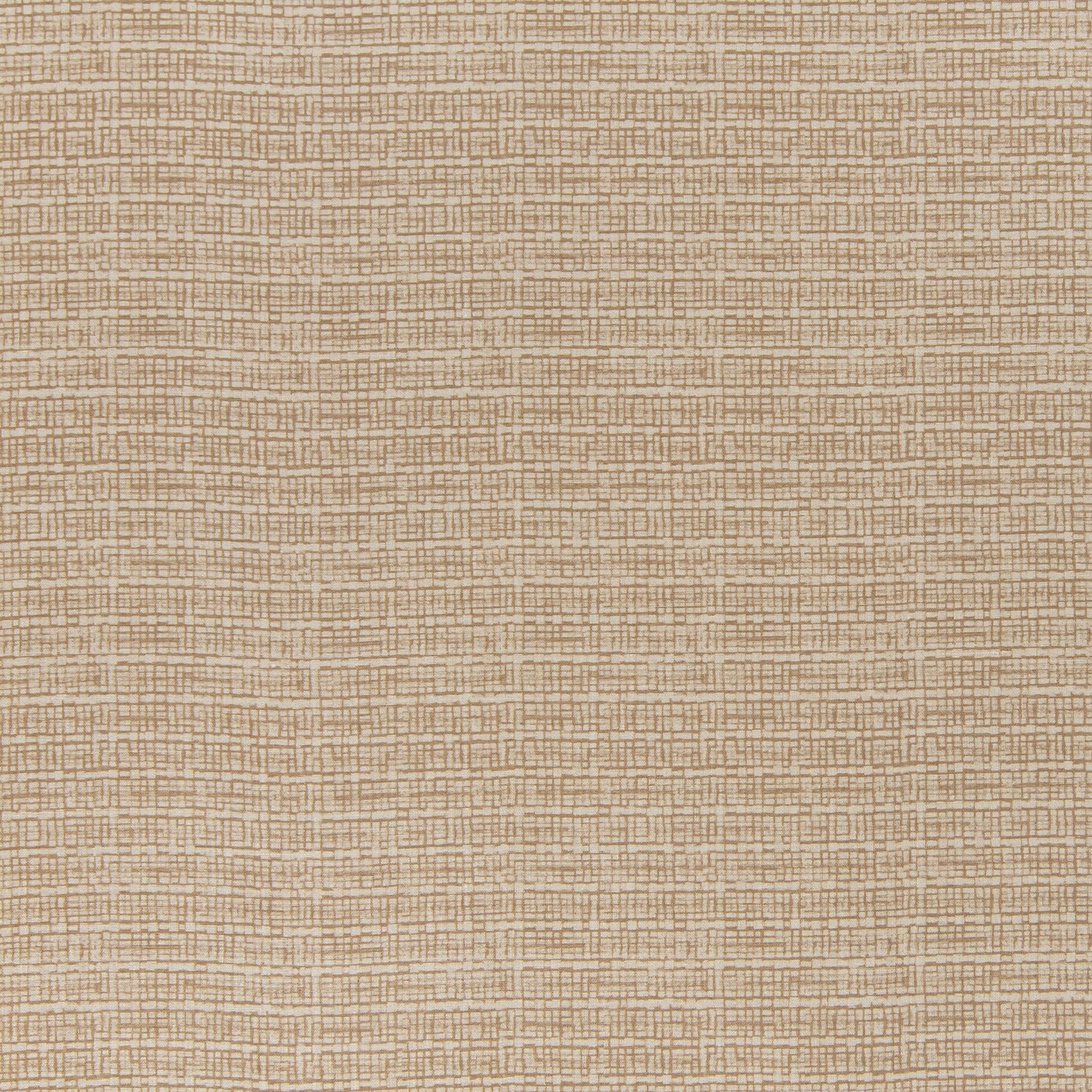 printed linen fabric in a repeating abstract gridded pattern in tan on a cream field.