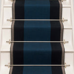 Striped flatweave runner in blue and grey on white staircase