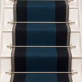 Striped flatweave runner in blue and grey on white staircase