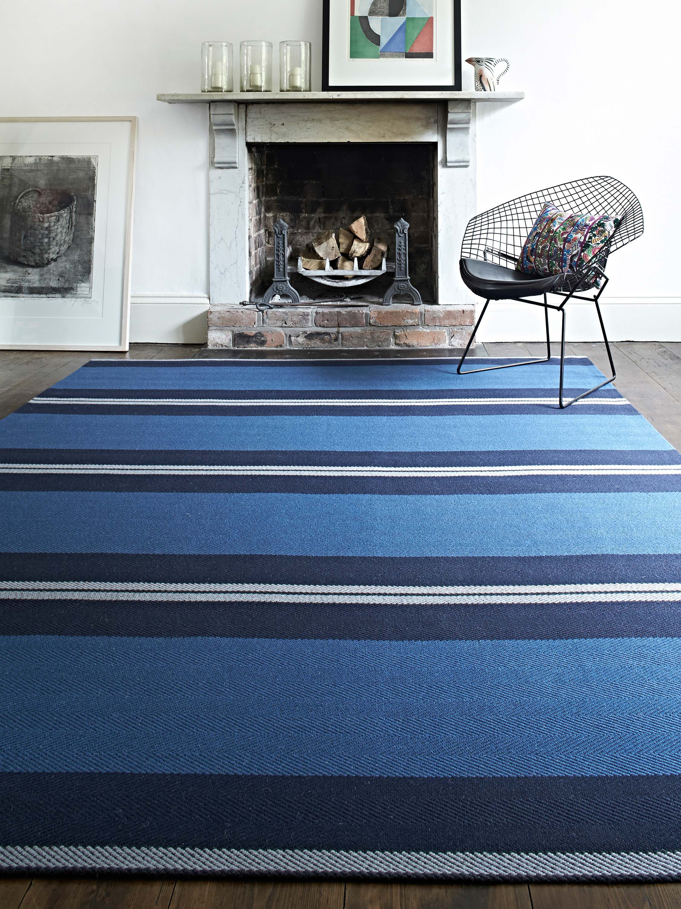 Striped flatweave runner in blue and grey 